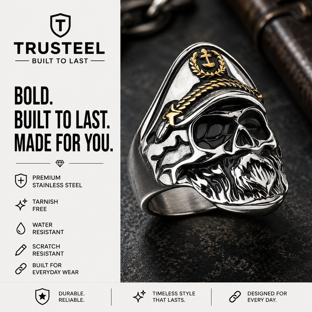Men’s 316L Stainless Steel biker Captain skull hypoallergenic Ring Size 12